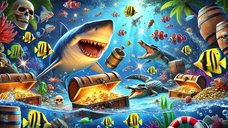 Adegan target ikan dan kontrol meriam pada permainan arcade bawah laut