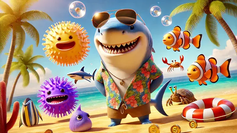 Ilustrasi permainan tembak ikan dengan suasana laut dan target warna-warni