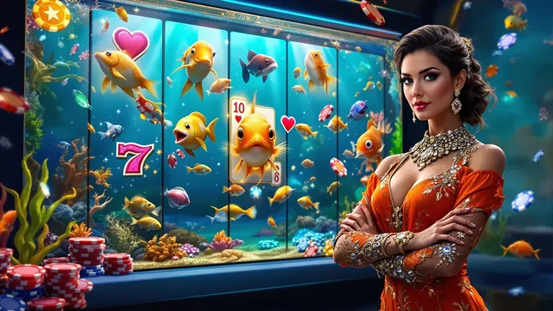 Mesin slot digital dengan reel, simbol, dan tampilan fitur permainan